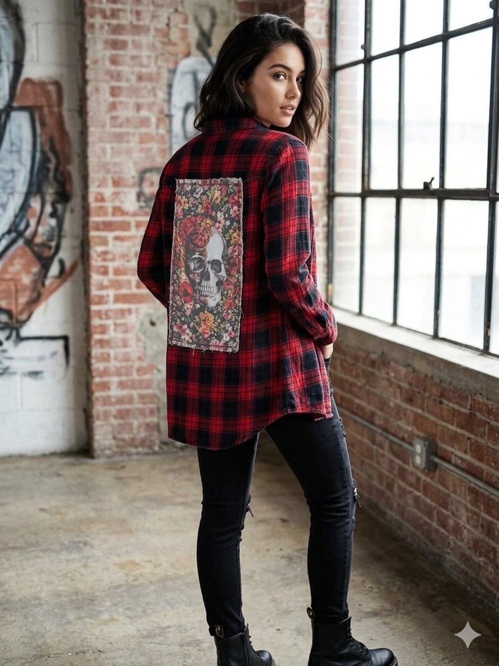 Red Plaid Button-Down Shirt with Floral Skull Back Patch